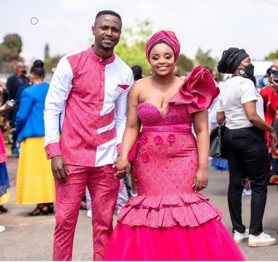 Beaded Shweshwe Wedding Attire for couples Dress Pink 