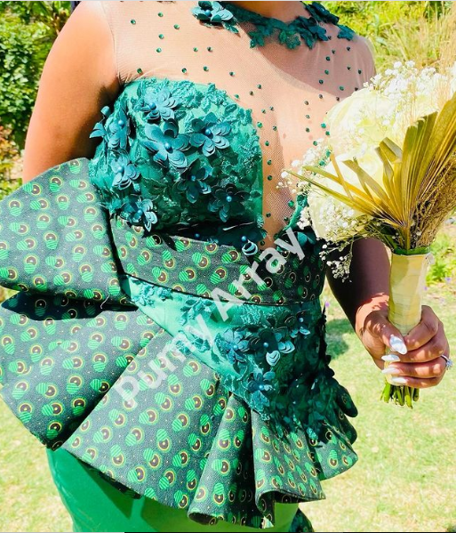 Green Shweshwe Dress beaded with Lace 2022