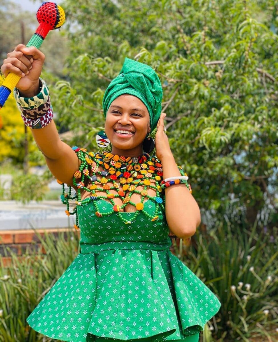 Green Shweshwe Dress with Beads for Makoti