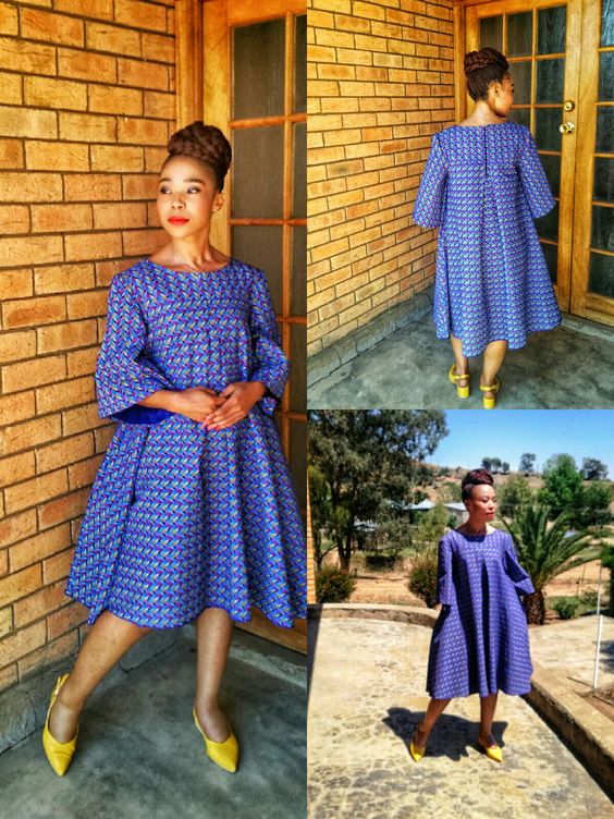 Flared Blue Shweshwe Dress wth Matching Yellow Shoes