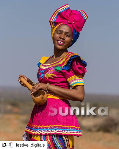 Pink Blue and Yellow Sepedi Dress for Makoti With Doek