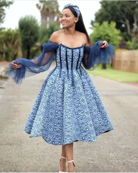 Blue Shweshwe Dress with Tulle Shoulder Piece