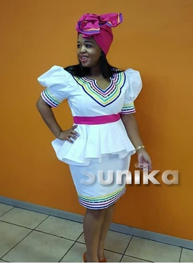 White Sepedi Outfit with Matching Pink Doek
