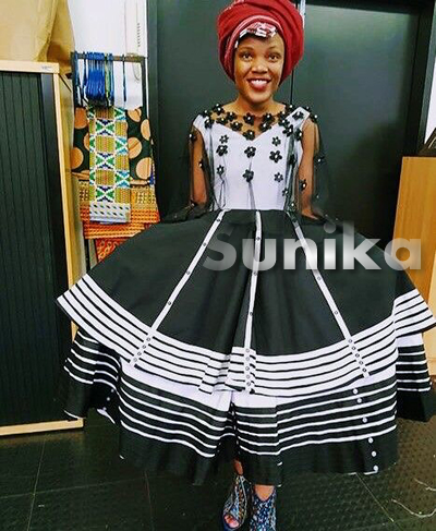 Flared Blacka d White Xhosa Dress Lace Shoulder cover with Red Doek