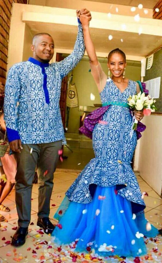 Couples Attire Blue Shweshwe Wedding Dress with purple