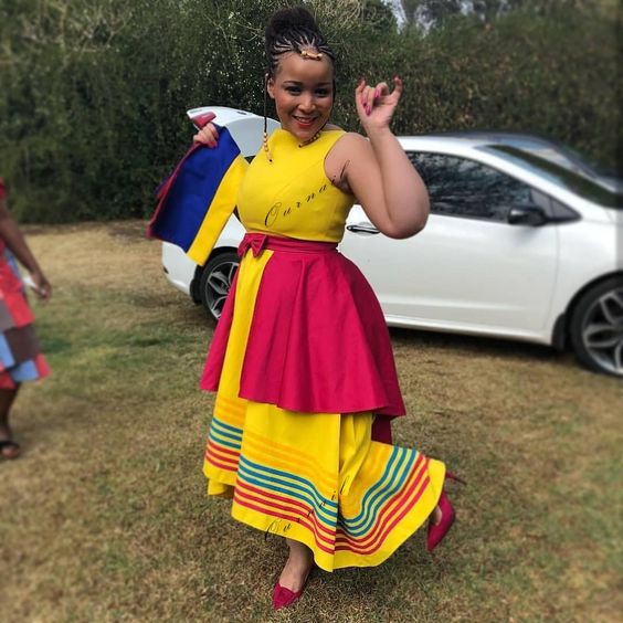 Yellow and Pink Xhosa Traditional Dress with matching shoes