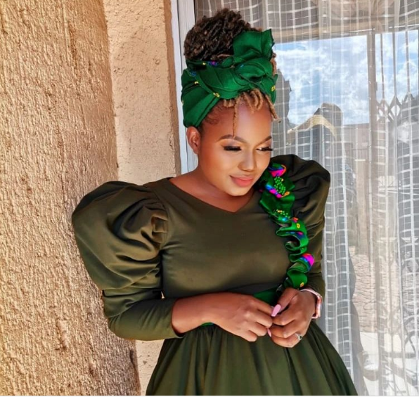 Bottle Green Tsonga Dress for Makoti with Puff Sleeves