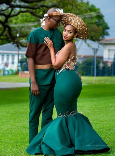 Green and Brown Zulu Attire for couples 2022 full length