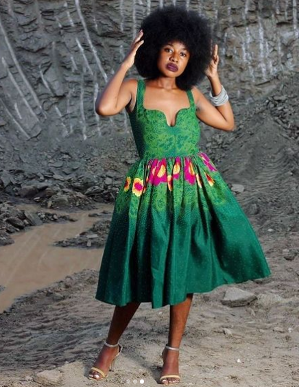 Green Fancy Neckline Flared Tsonga Traditional Dress
