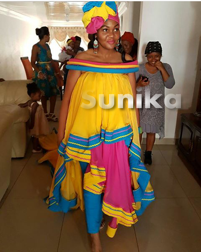 Colourful HI Lo Sepedi Makoti Dress with bubble drop shoulder