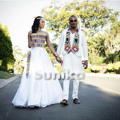 Ndebele Traditional Couples Wedding Attire with matching Beaded Scarg