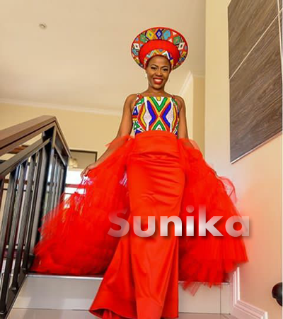 Red Ndebele Traditional Wedding Dress with Matching Hat