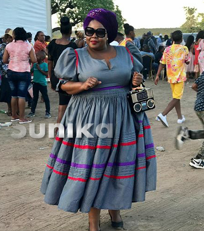 Grey Plus size SePedi Makoti dress with matching Purple Velvet doek