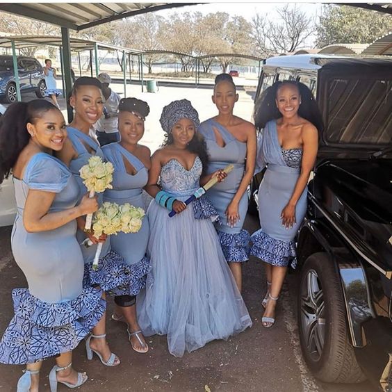 Shweshwe Bridesmaids dress blue with Tulle