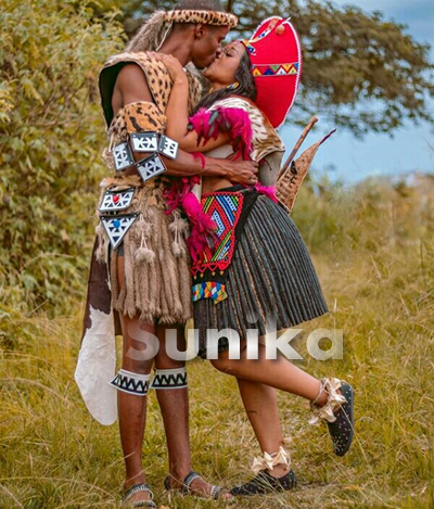 South African Couple In Zulu Imvunulo Traditional Attire For Umembeso