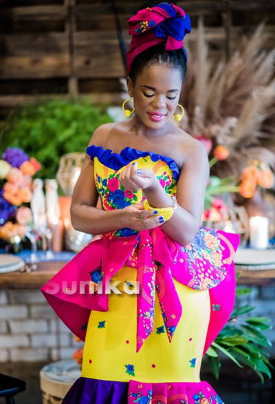 Colourful Tsonga Traditional Wedding Dress with Matching Pink and Blue Doek