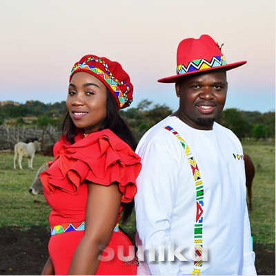 Ndebele Attire for couple with matching Beret ad Hat for man