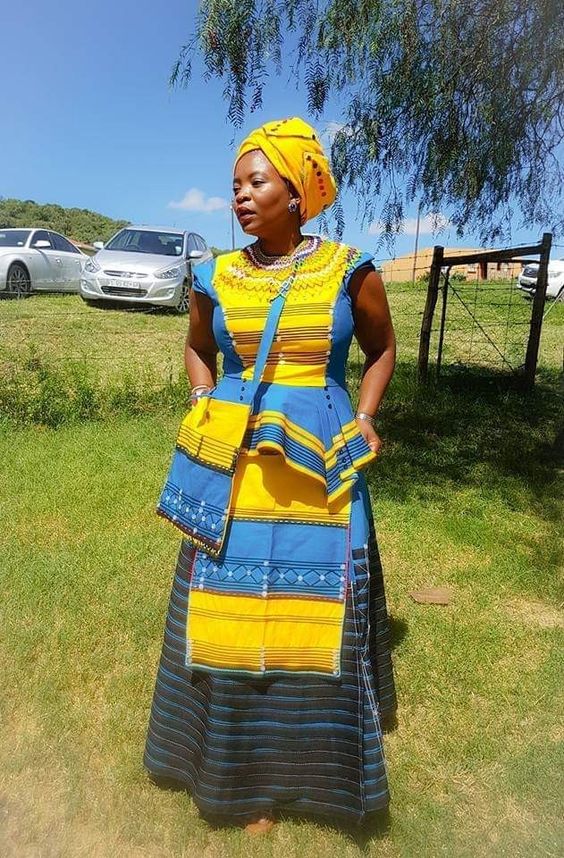 Blue Yellow and Black Xhosa Umbhaco dress for Makoti