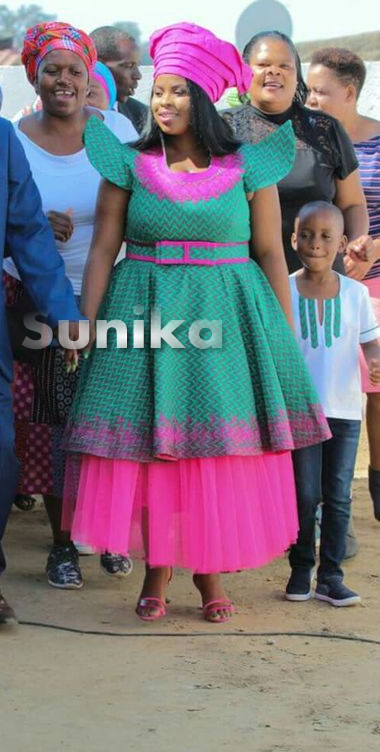 Pink and Blue SePedi Makoti attife with Pleated Tulle