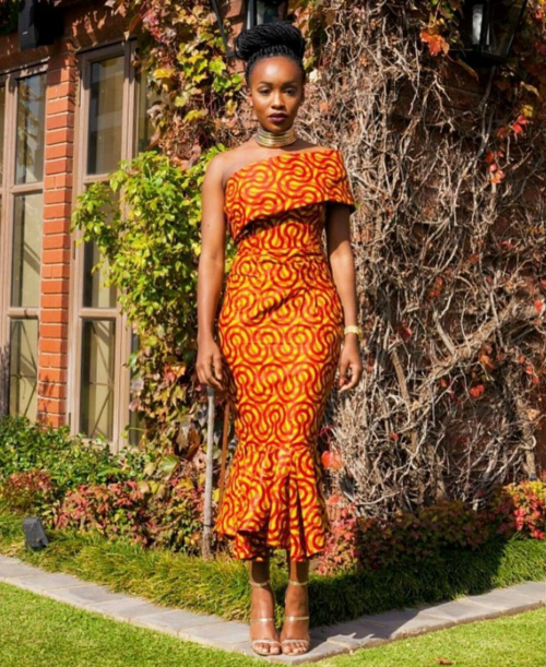 One Shoulder Brown African Print Dress